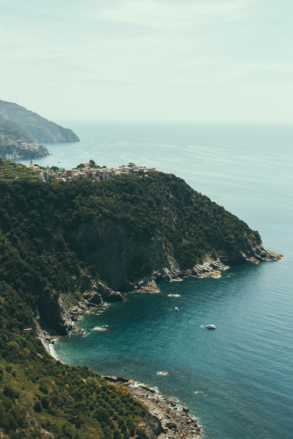 aerial view on an island with city on top