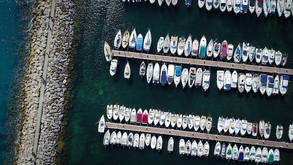 top view photography of ship port