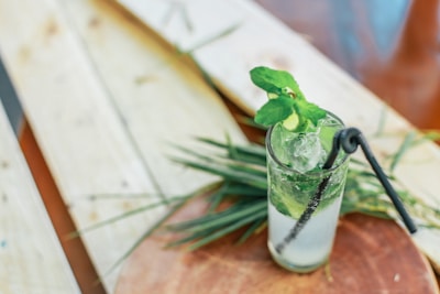 A vibrant glass of mojito garnished with fresh mint leaves and lime wedges on a rustic wooden table.