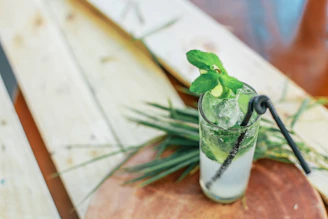 A refreshing mojito with crushed ice and mint leaves, captured in natural daylight.