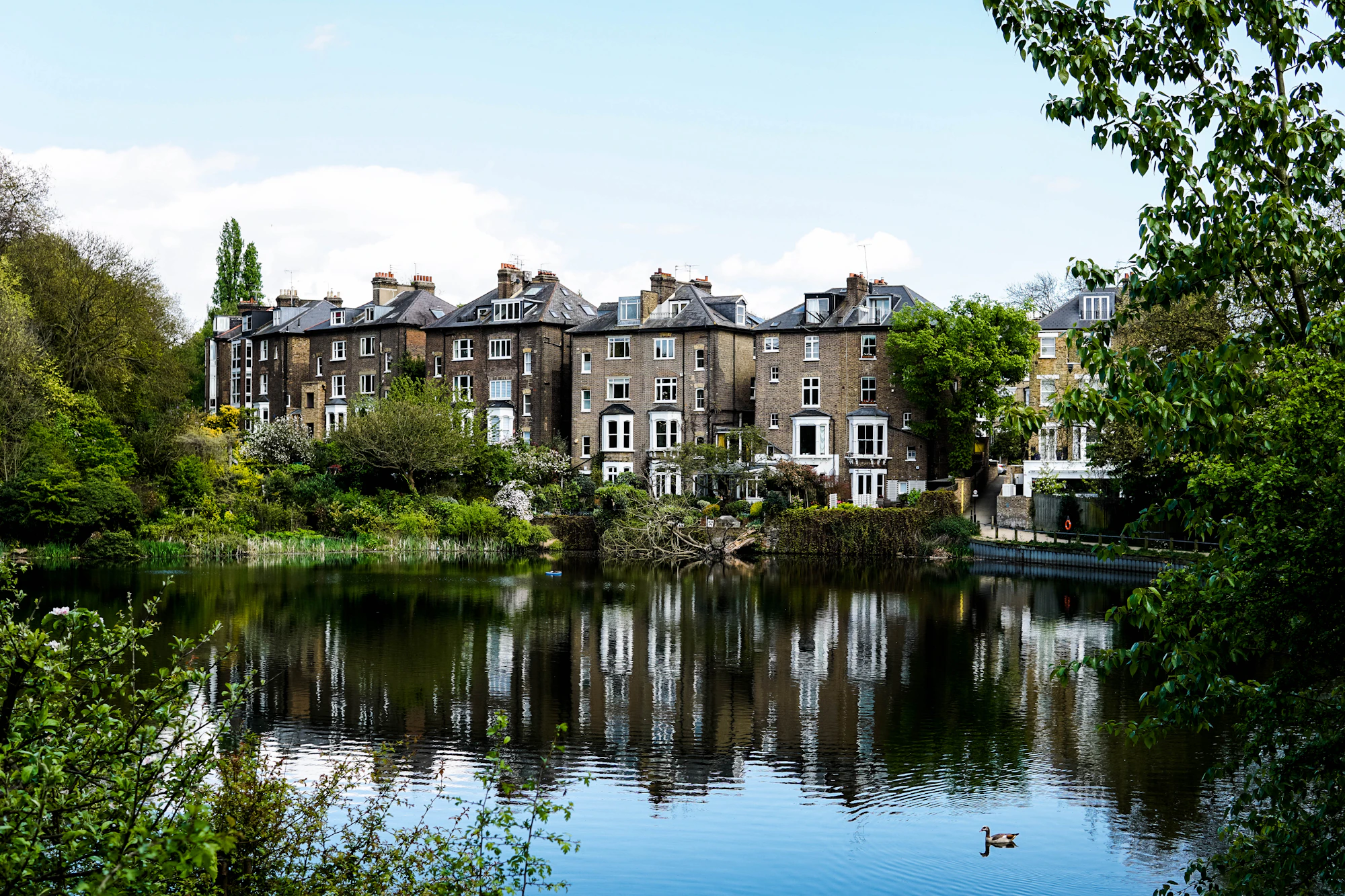 Period houses reflected in a pond on Hampstead Heath