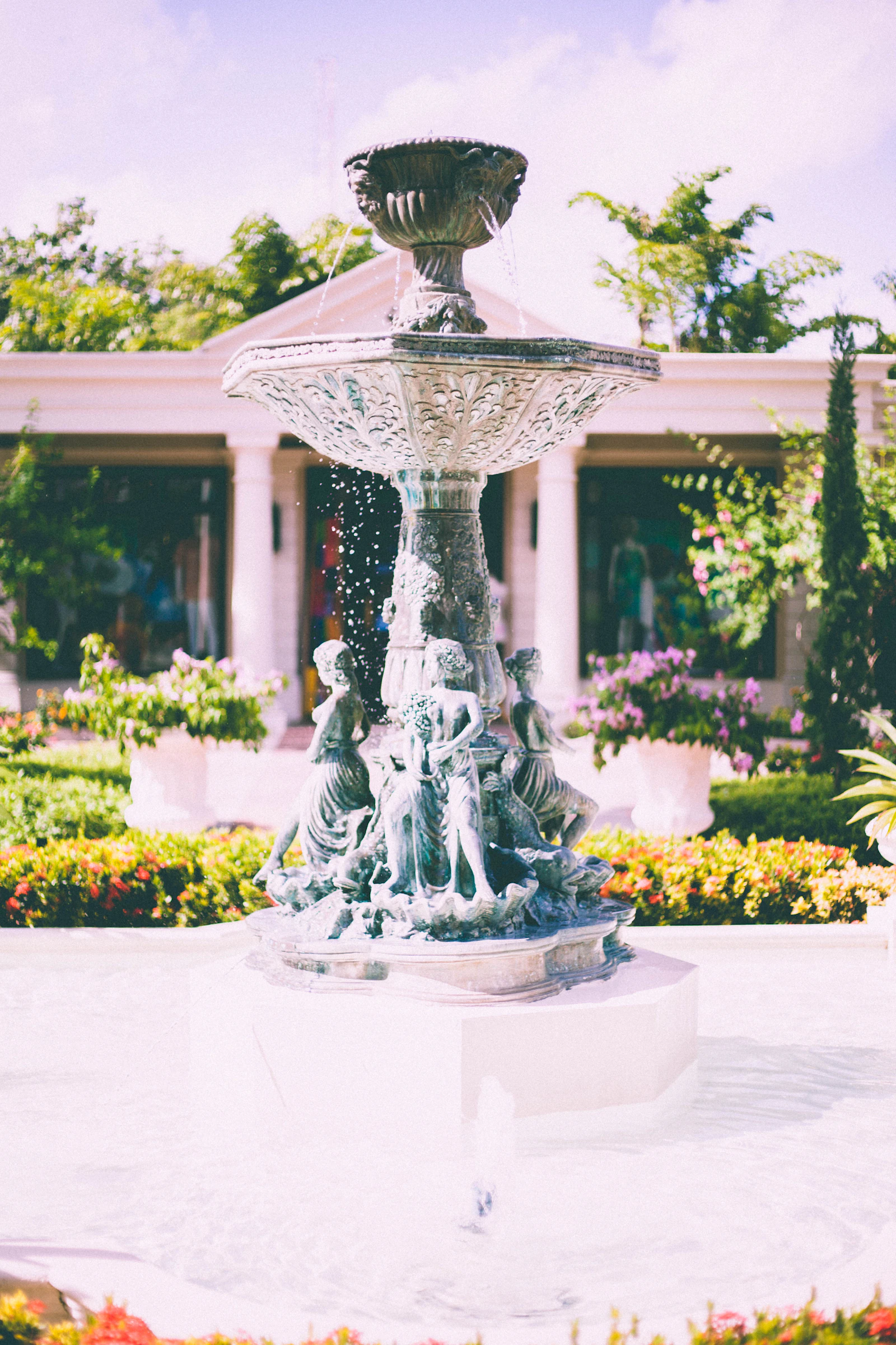 A fountain surrounded by planting in Ocho Rios, Jamaica