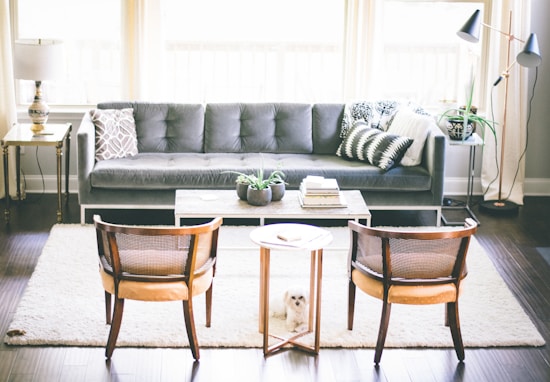 A cozy living room featuring a plush gray sofa adorned with decorative pillows, flanked by two wooden chairs with soft beige cushions. There is a small coffee table in front of the sofa with a plant and several books. An additional side table holds a lamp to the left, and a second side table with another lamp and green plant is to the right. A small white dog is sitting on a cream-colored rug in the center of the room. Large windows behind the sofa allow abundant natural light to fill the space.