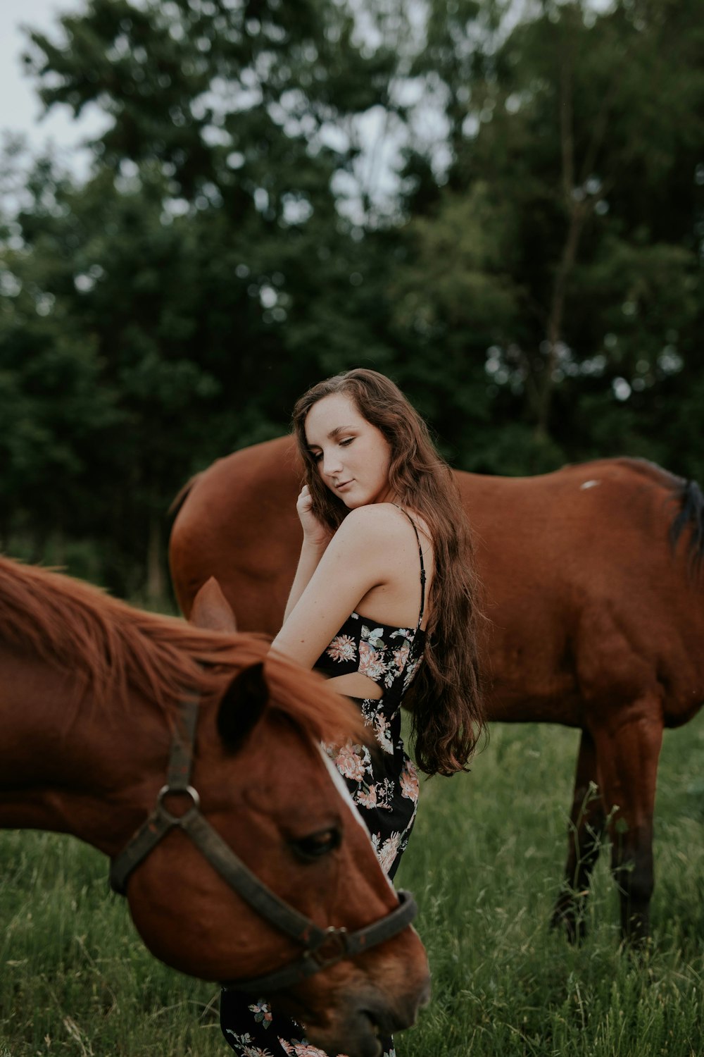 woman standing between brown horses at daytime