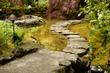 A serene Japanese garden with blooming sakura trees and a stone path winding through moss-covered rocks.