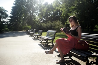 A sunny park bench with a paperback and reading glasses resting on it.