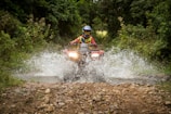 An adventurous rider crossing a shallow stream on an ATV surrounded by lush greenery.