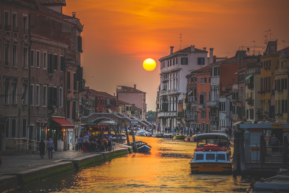 golden hour photography of city near body of water with boat