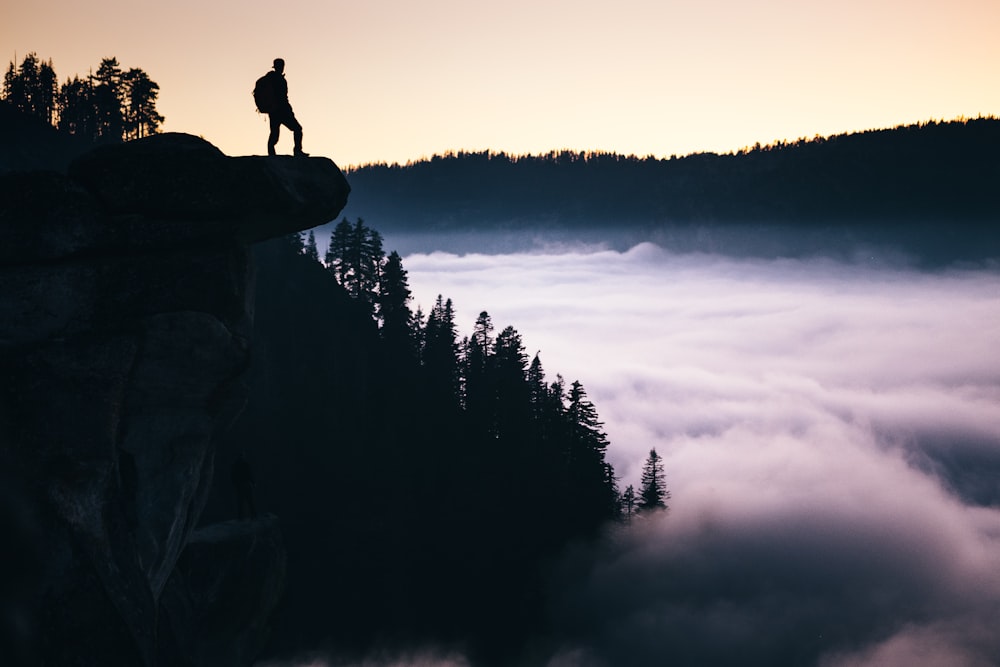silhouette photo of man standing in mountain overlooking trees at daytime