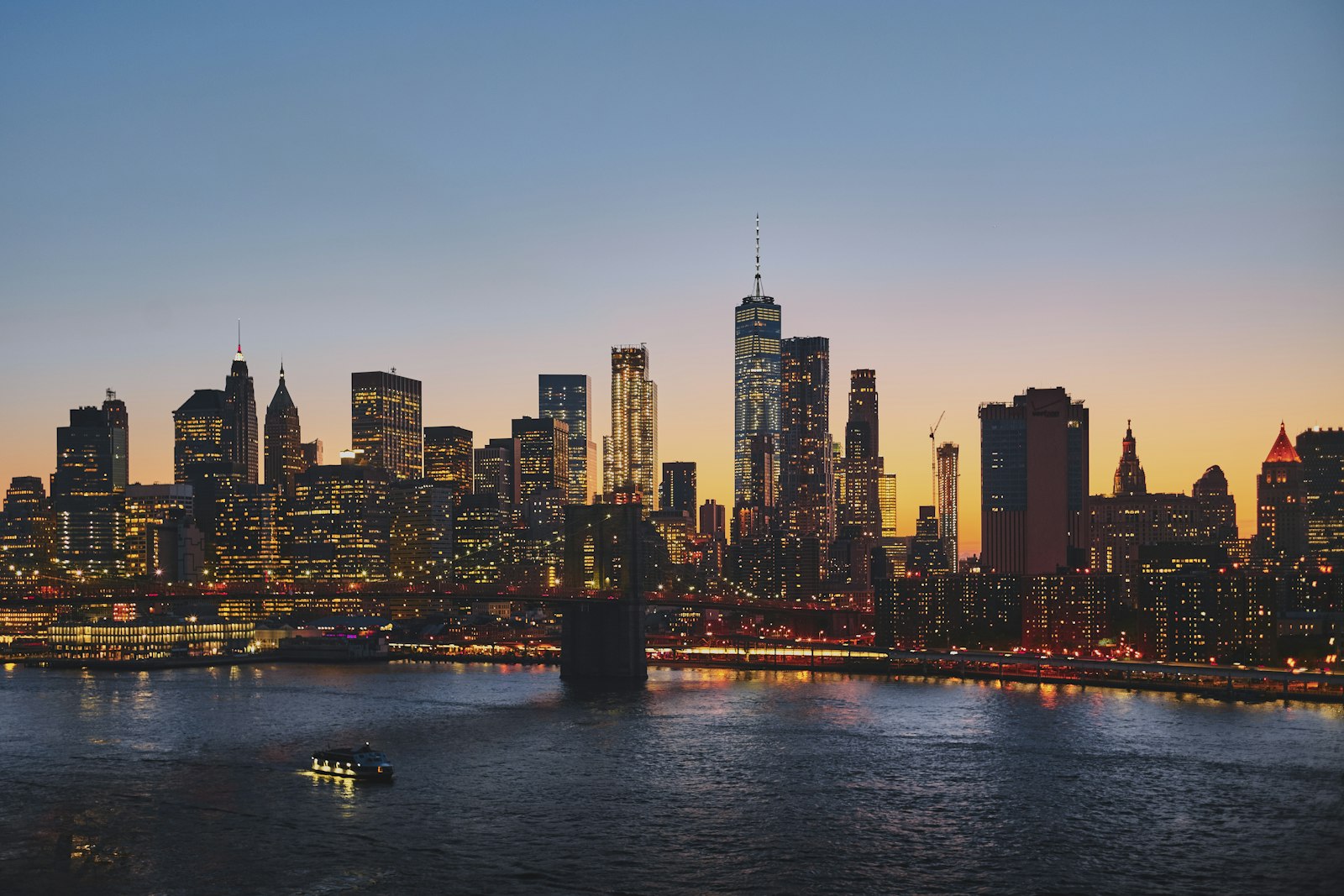 The Lower Manhattan skyline at sunset, New York City
