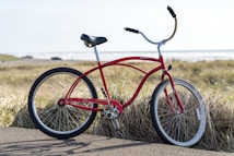 A red bicycle with a classic design is parked on a paved path, with tall grass and a scenic beach view in the background. The bike has a comfortable-looking seat and curved handlebars.