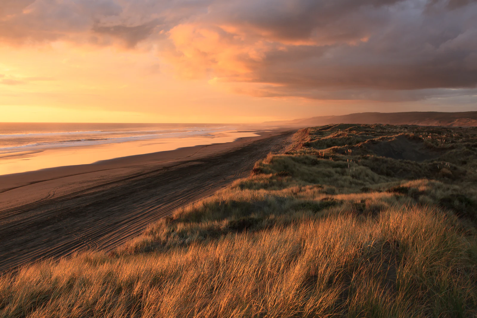 Sand dunes under a cloudy sunset at Port Waikato