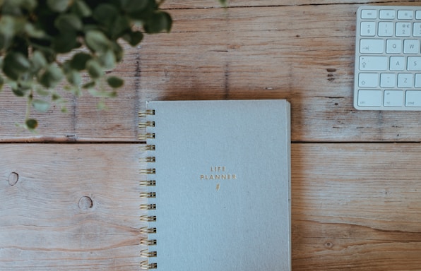 A light blue spiral-bound planner with the words 'Life Planner' embossed in gold sits on a wooden table. To the right is part of a white computer keyboard, and a leafy green plant is partially visible on the left.