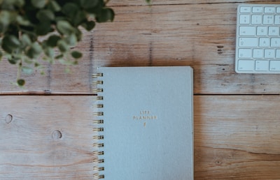 A light blue spiral-bound planner with the words 'Life Planner' embossed in gold sits on a wooden table. To the right is part of a white computer keyboard, and a leafy green plant is partially visible on the left.