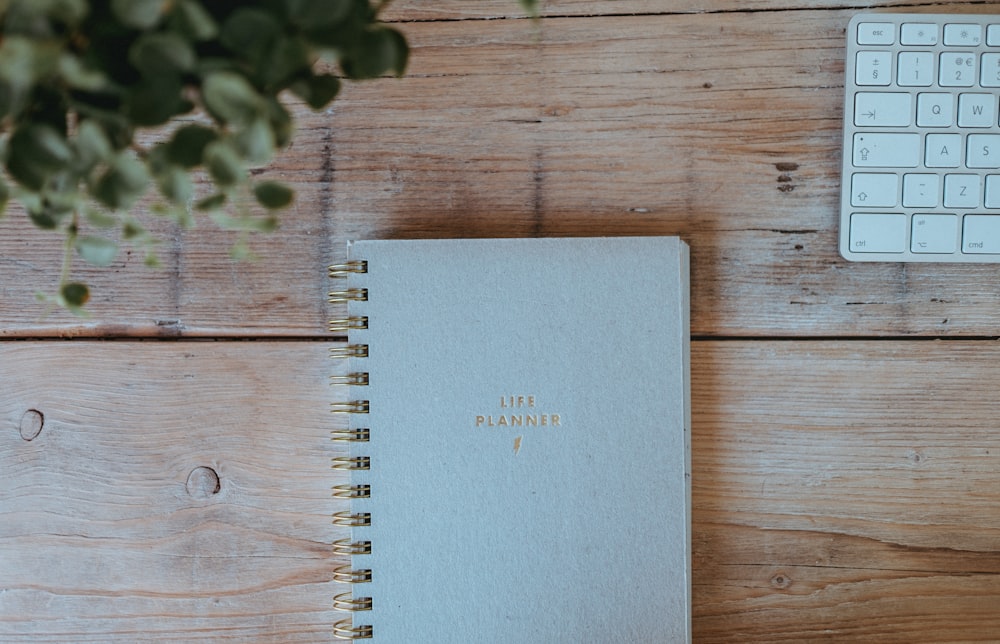 A “Life Planner” notebook on a wooden surface with a keyboard and a plant in the upper corners