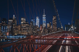 bridge near city buildings during nighttime