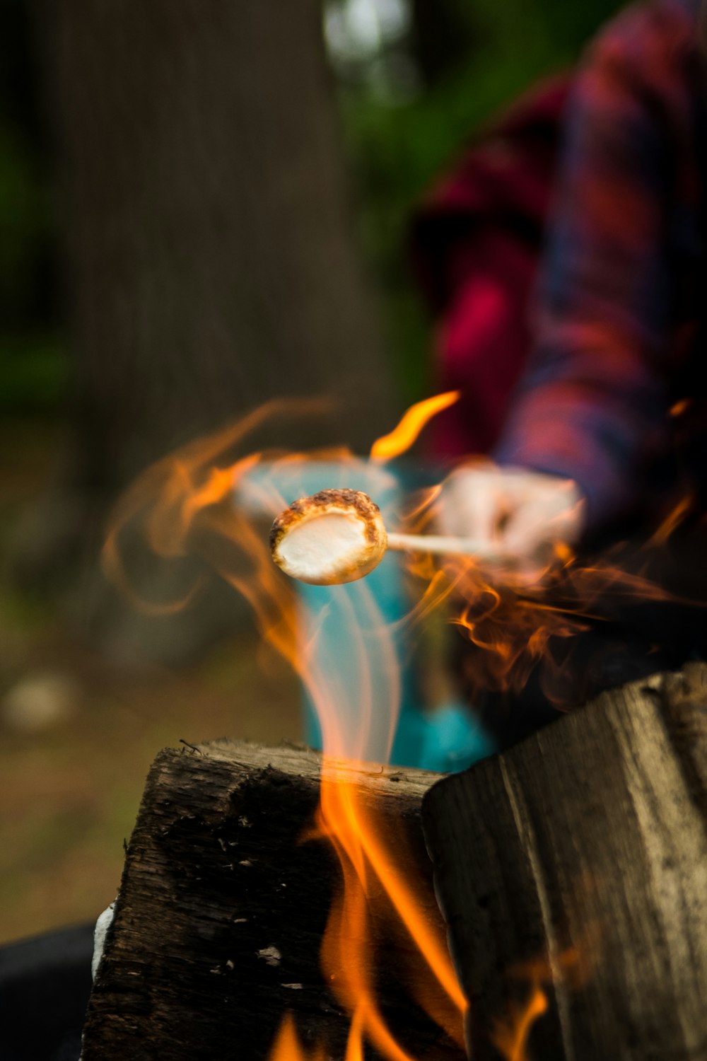 A person in plaid holding a marshmallow out over a fire to roast
