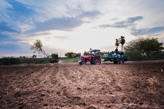A powerful tractor working in a lush green field during sunrise.
