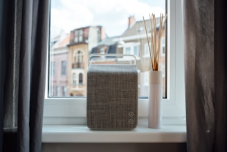 A stylish urbanecho smart speaker resting on a minimalist wooden shelf against a city apartment window backdrop.