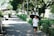 An elderly person walks along a tree-lined path in a park, holding a large umbrella. The surroundings are lush with greenery and the path is well-lit by sunlight filtering through the trees.