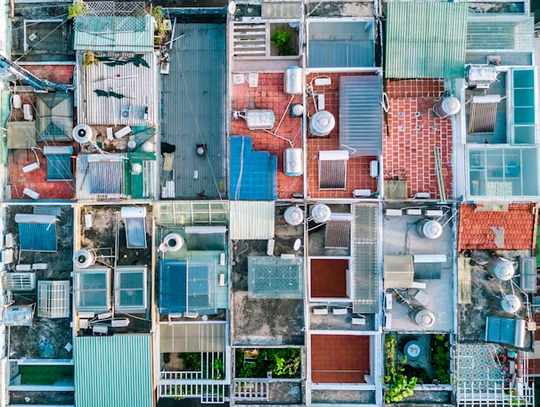An aerial view of a completed roofing job.