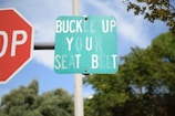A weathered green traffic sign instructs drivers to 'Buckle Up Your Seat Belt' near a faded red stop sign. The background features lush green trees and a sky with light clouds.