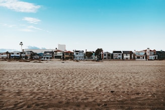 A row of colorful beach houses sits along a sandy coastline under a bright blue sky. The houses vary in architectural styles and colors, creating a picturesque seaside neighborhood. There are palm trees scattered among the houses, hinting at a warm, coastal environment.