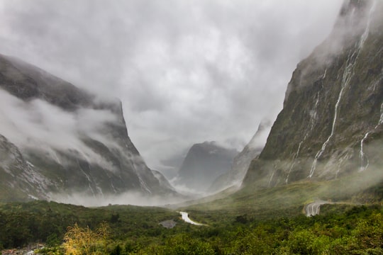 mountains covered with fog in Homer Tunnel New Zealand