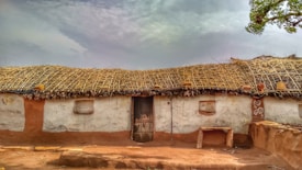 A rustic, thatched-roof structure built with earthen materials and clay. The walls are painted with white and orange-brown hues, featuring simple decorative designs. The roof is made of straw or thatch, giving it a traditional and rural appearance. In the foreground, there are wooden elements that seem like benches or supports, and there's some greenery from a partial tree visible at the edge.