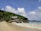 A tranquil beach scene with gentle waves lapping against a sandy shore. A lush, green forest borders the beach, providing a backdrop to a rustic wooden house with a unique roof design. Large boulders are scattered across the sand and into the water, and a few palm trees add to the tropical atmosphere. The sky is bright with fluffy white clouds.