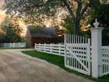 Cozy rustic cabin nestled among lush green trees at sunset.