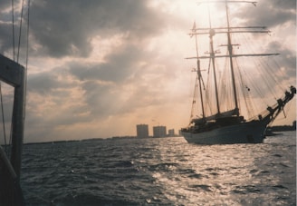 A vibrant painting of a majestic tall ship with billowing sails on a stormy sea.