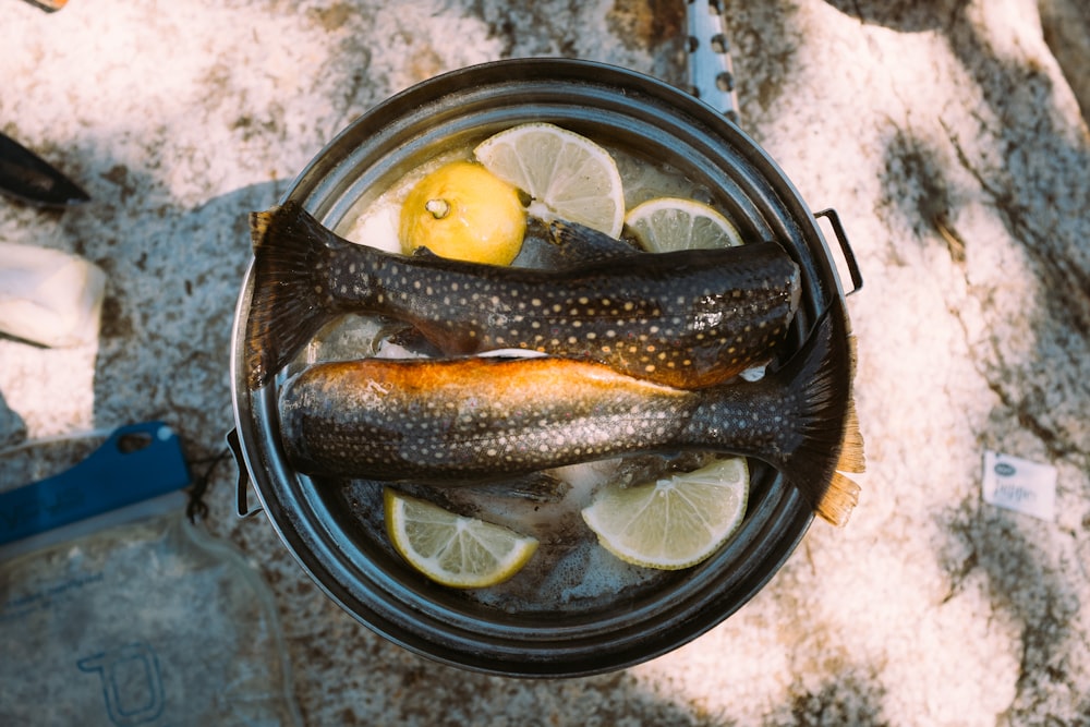 two raw fish with sliced lemon dish