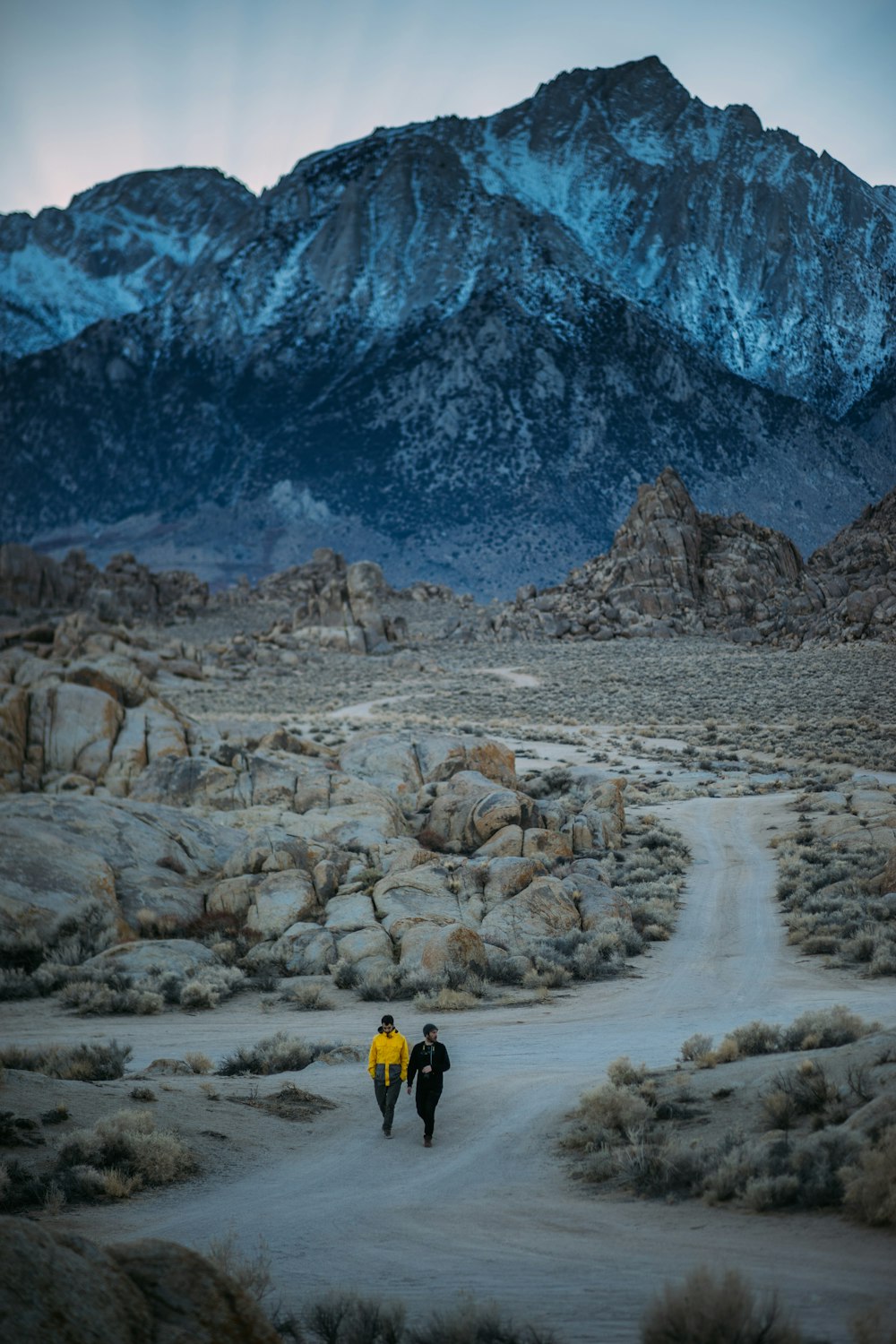 two men walking on pathway near mountain