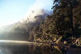 A serene landscape featuring a tranquil lake with mist hovering above the water. Tall pine trees in the background are partially covered by fog, creating a mysterious and peaceful atmosphere. The shadows of the trees are cast onto the lake&rsquo;s calm surface. A few people stand near the shoreline, adding a sense of scale to the natural setting.