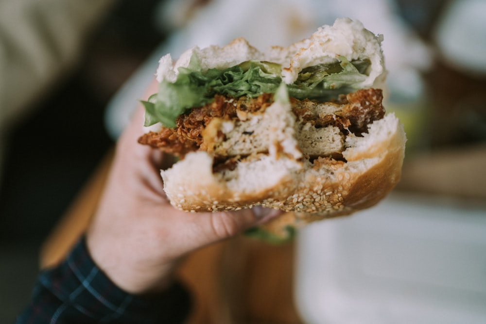 person holding hamburger with patty and vegetable fillings