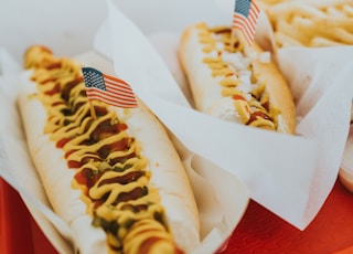 closeup photo of two hotdogs on tray