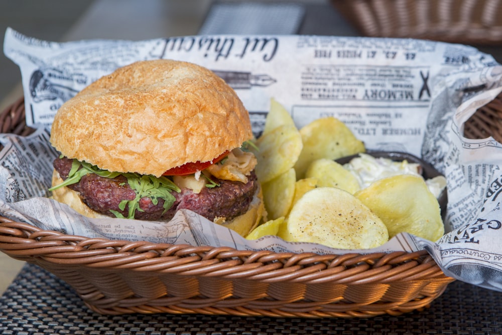 hamburger and chips in basket