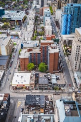 Aerial view of a mixed-use commercial complex in a vibrant urban area.