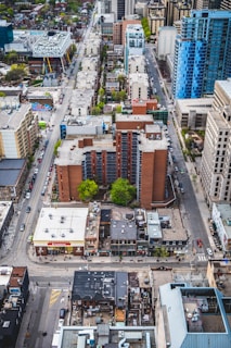 An aerial view of a bustling commercial district showcasing diverse real estate options.