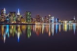 An artistic photo of a cityscape at night with colorful reflections.