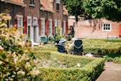 Elderly residents enjoying outdoor garden space.