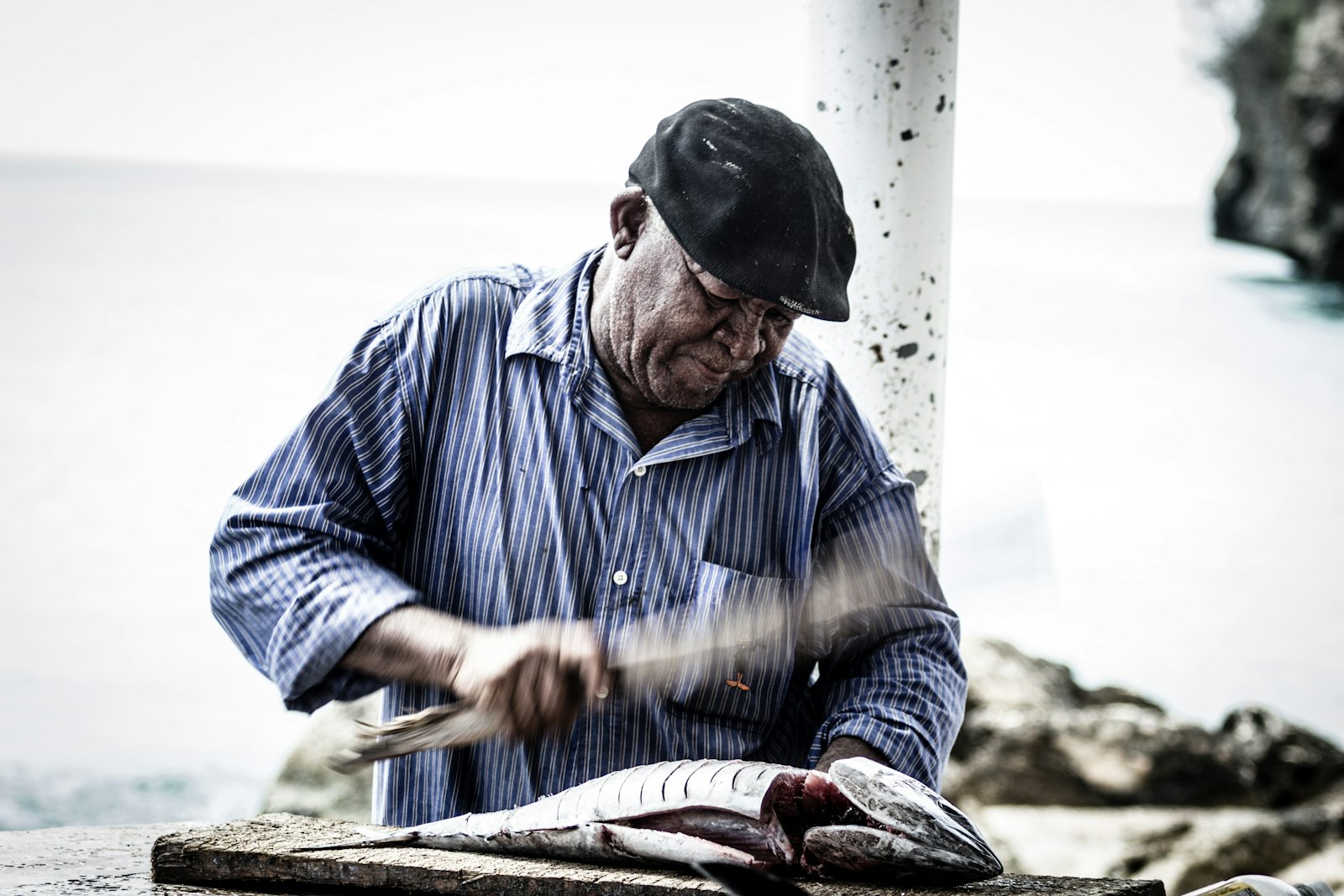 Canon EF 100-200mm f/4.5A sample photo. Man cutting raw fish photography