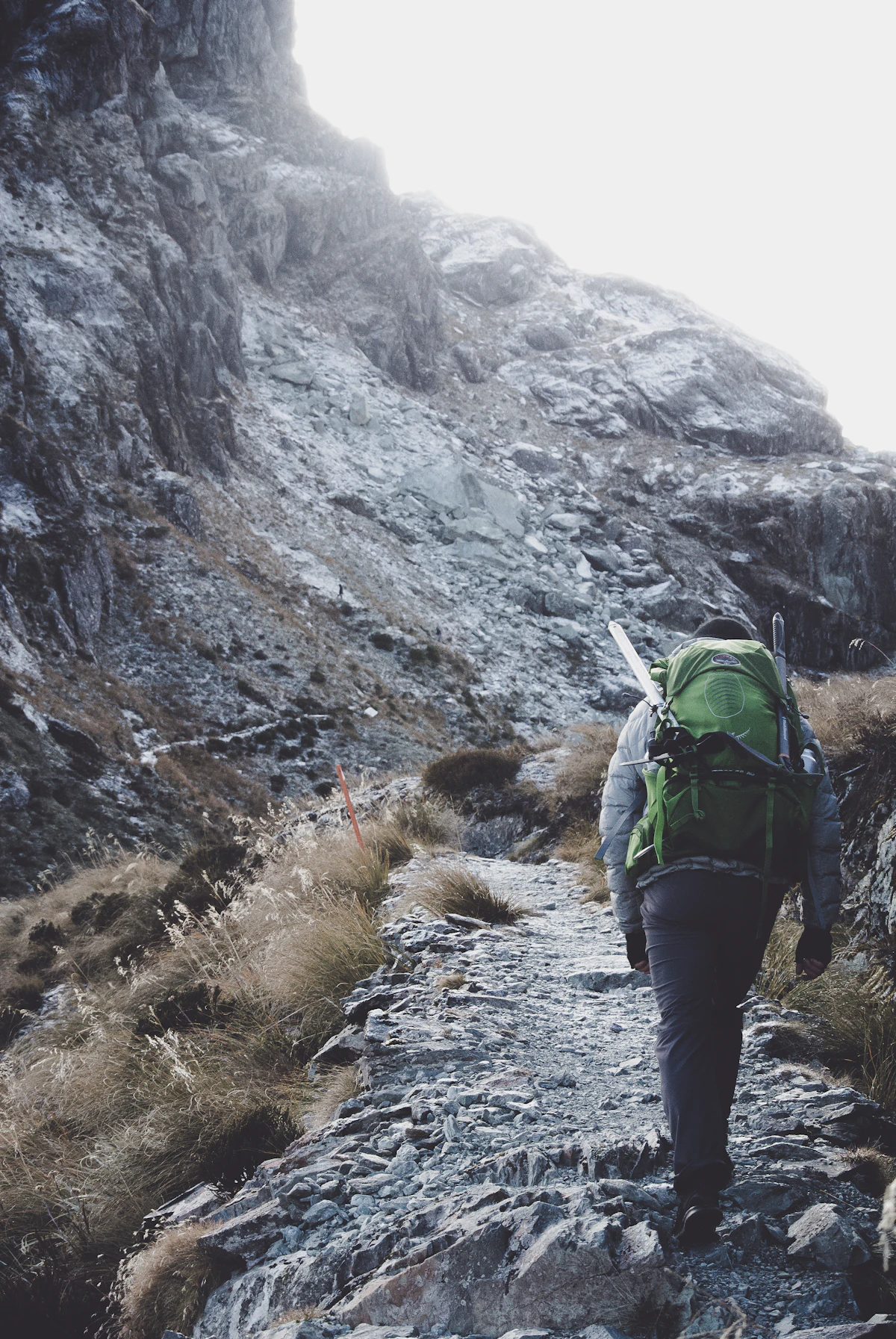Budget traveler hiking on scenic mountain trail with backpack