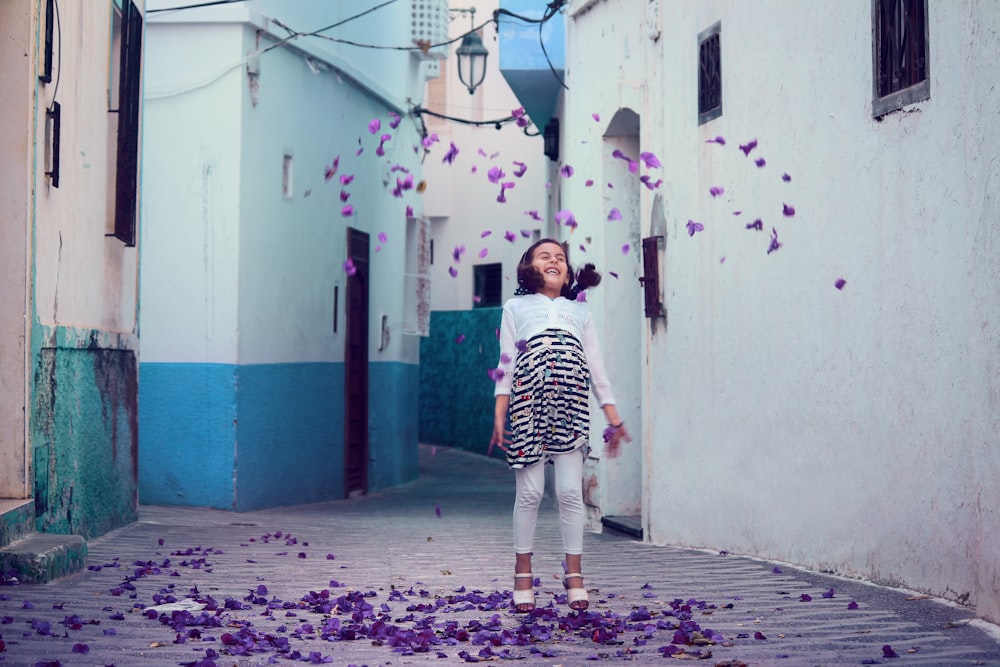 falling petals under girl