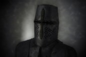 A medieval knight wearing a full face helmet stands against a dark, murky background. The helmet features a prominent cross-shaped design with small ventilation holes near the mouth area. The armor is made of metal and appears worn, with a slightly matte finish.