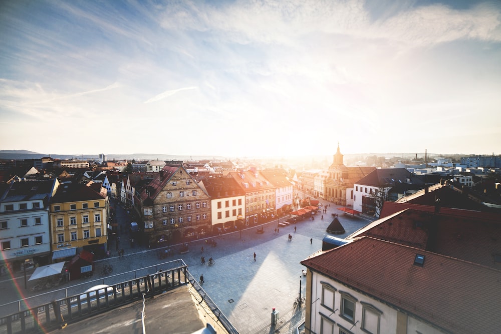 aerial photography of people walking near buildings