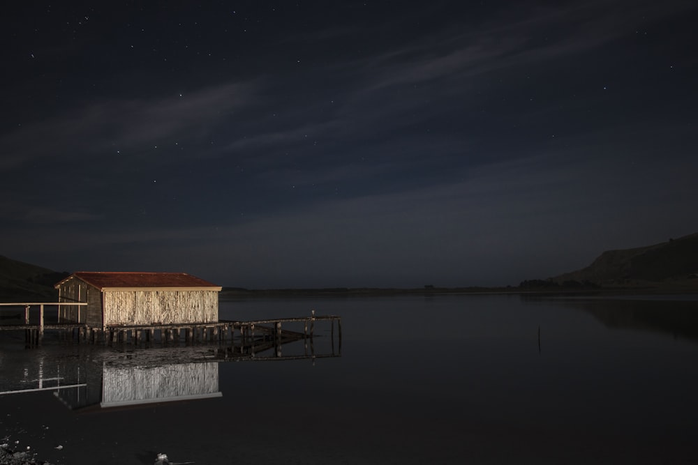 brown and red house near body of water at night illustration