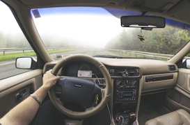 A driver's point of view from inside a car, holding the steering wheel while driving on a foggy road. The car's dashboard displays old-style controls, and a smartphone is mounted nearby. Trees and guardrails line the road outside, creating a serene and slightly mysterious atmosphere.