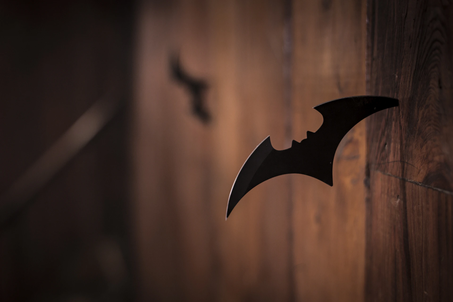 A black bat-shaped throwing star embedded in a rustic wooden wall